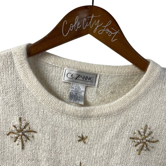 Not So Ugly Christmas Sweater Ivory Gold Beaded Snowflakes Vintage - Picture 2 of 8